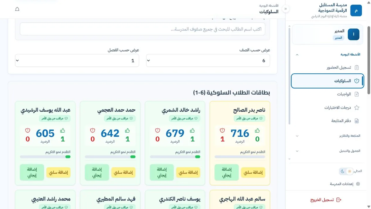 واجهة المتابعة السلوكية للطلاب داخل مدرسة العرض التجريبية