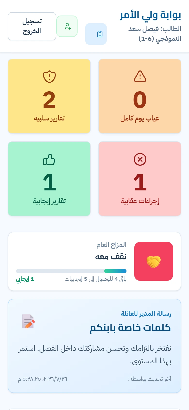شاشة بوابة ولي الأمر الحقيقية على الهاتف: ملخص حالة الطالب والتقارير الإيجابية والسلبية ورسالة الإدارة ببيانات تجريبية